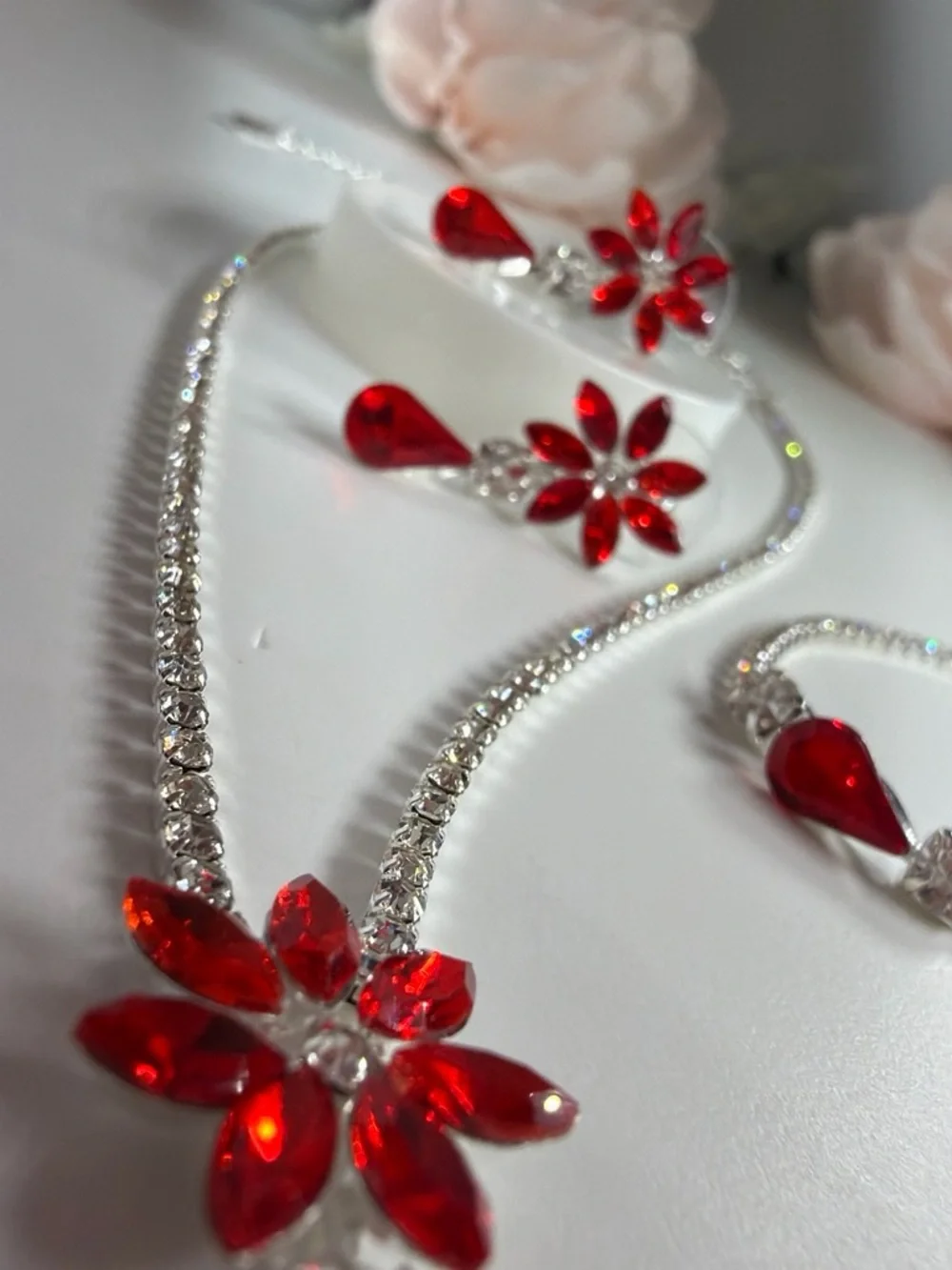 Elegant Red Crystal Floral Necklace & Earring Set - Women Jewelry